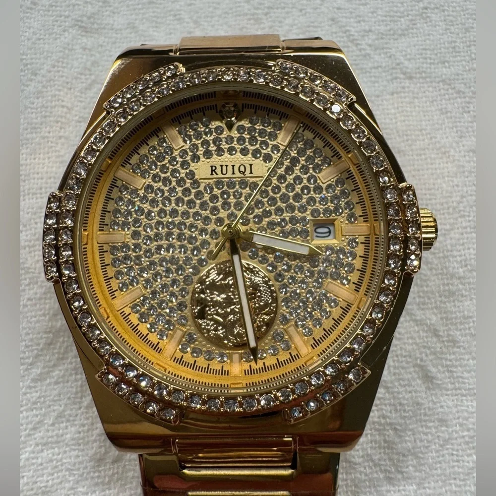 RUIQI Unisex Elegant Mechanical Watch - Full Golden Dial, Luminous Hands, NEW